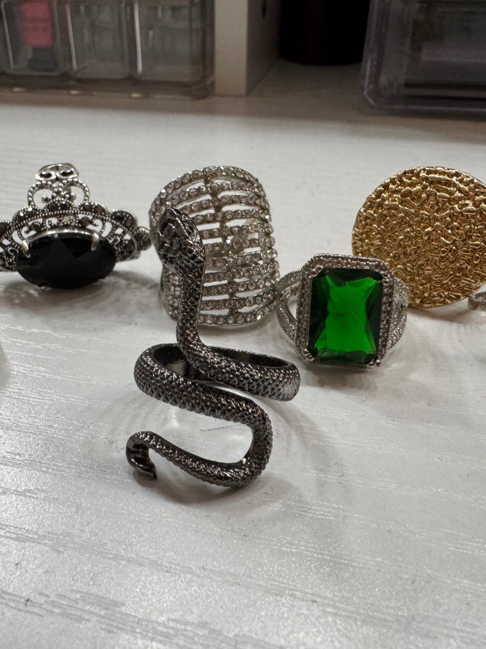 8 Piece Statement Ring Lot Rhinestone Snake Gem Gold Silver Costume Jewelry